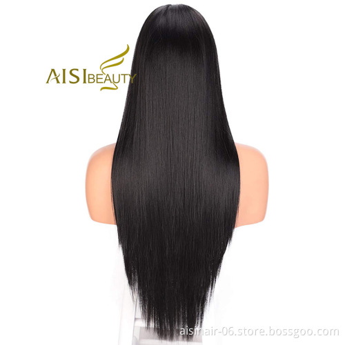 Aisi Beauty High Quality Vendor Cheap Long Straight Natural Black Wig Swiss Lace Synthetic Hair For Black Women Lace Front Wig